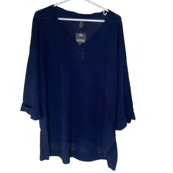 NWT Lildy Waffle Knit Tunic Womens L-XL Navy Blue 3/4 Rolled Sleeve - Picture 1 of 12